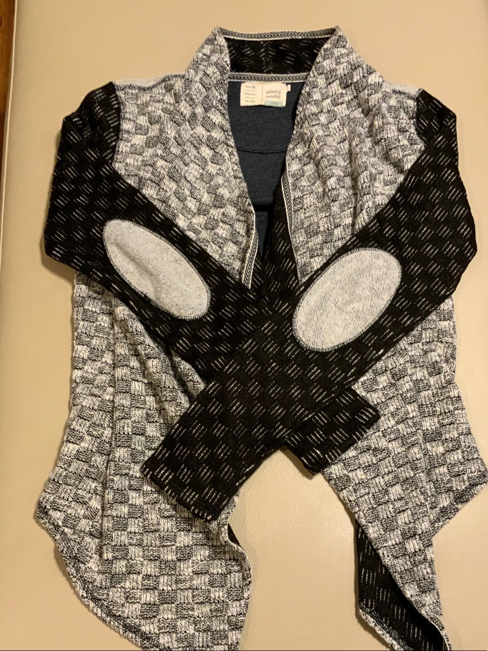 Black & Gray Open-Front Knit Cardigan with Elbow Patches